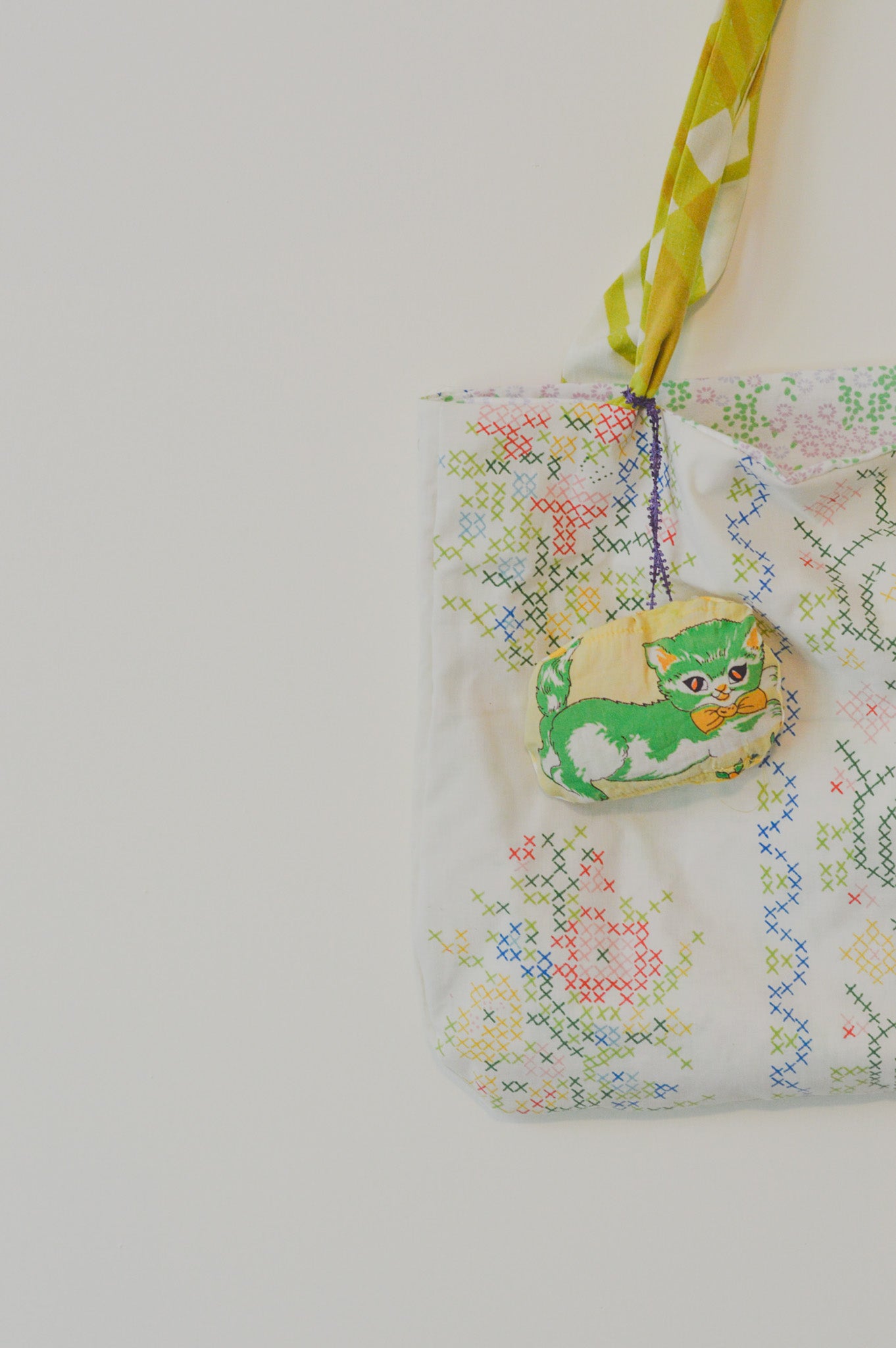 Faux cross stitch vintage textile tote