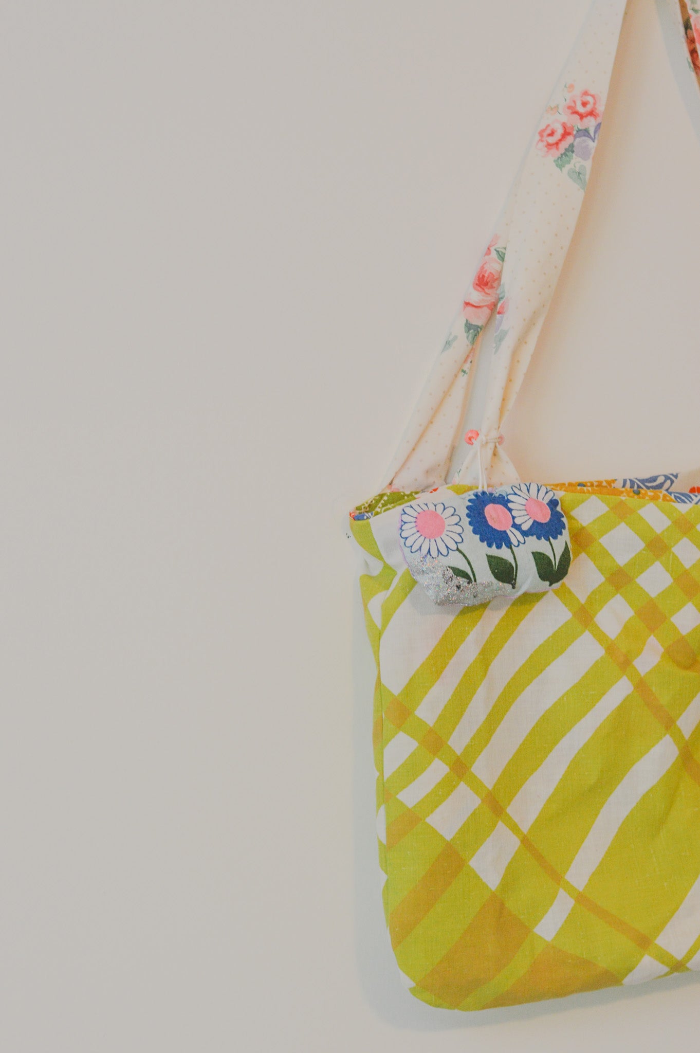 Green plaid vintage textile tote