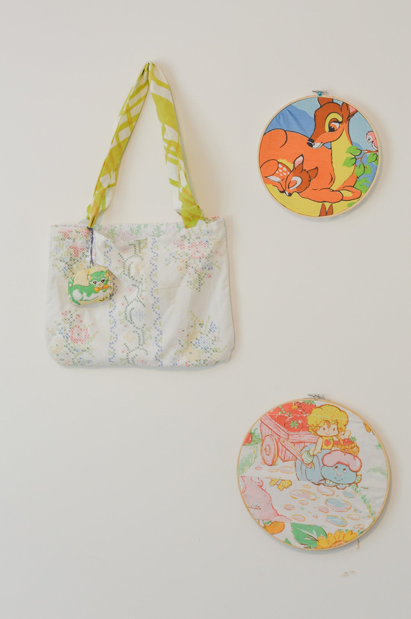 Faux cross stitch vintage textile tote