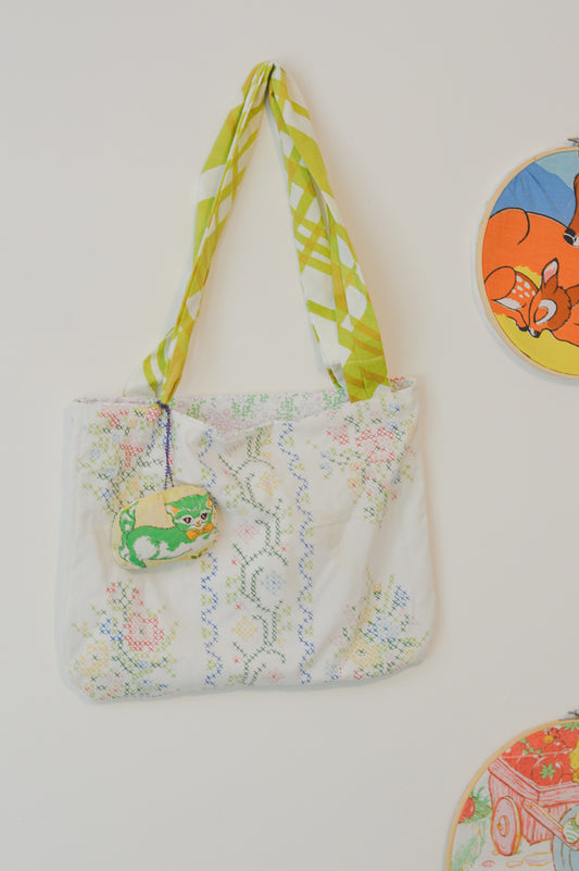 Faux cross stitch vintage textile tote