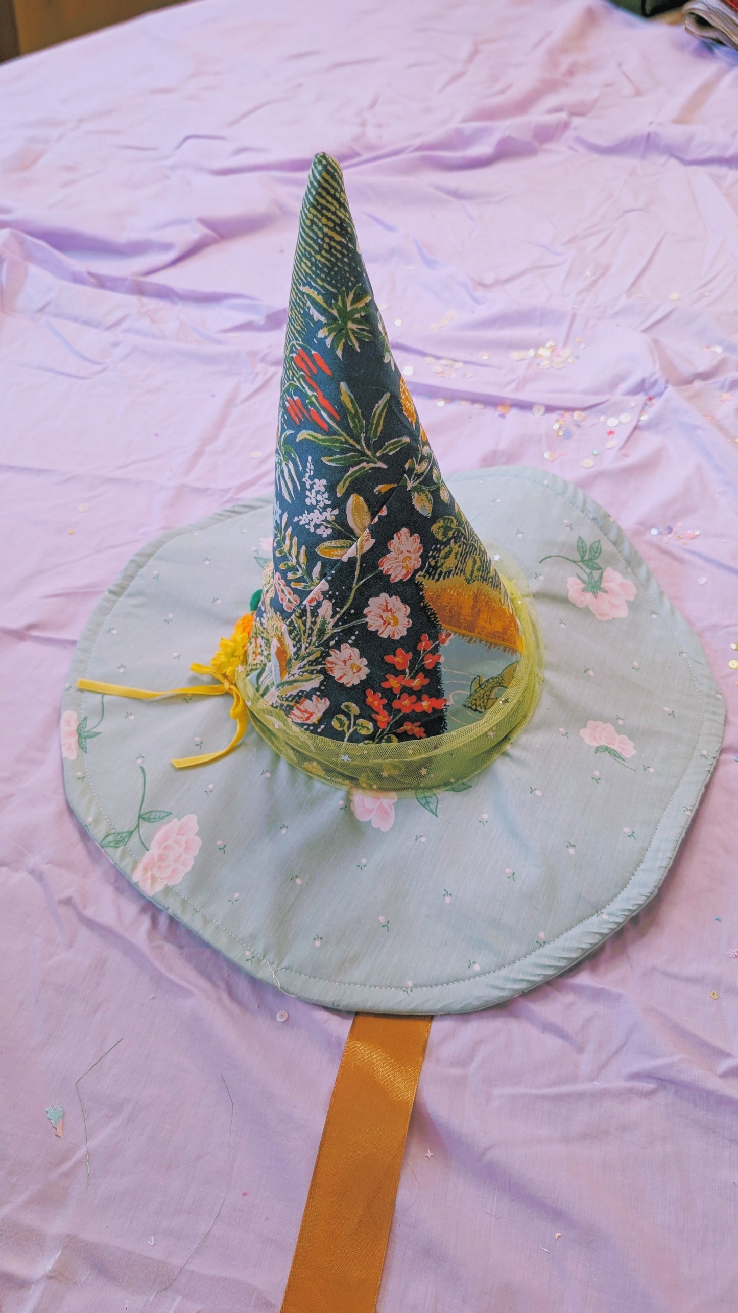 OOAK ADULT witch hat- blue floral