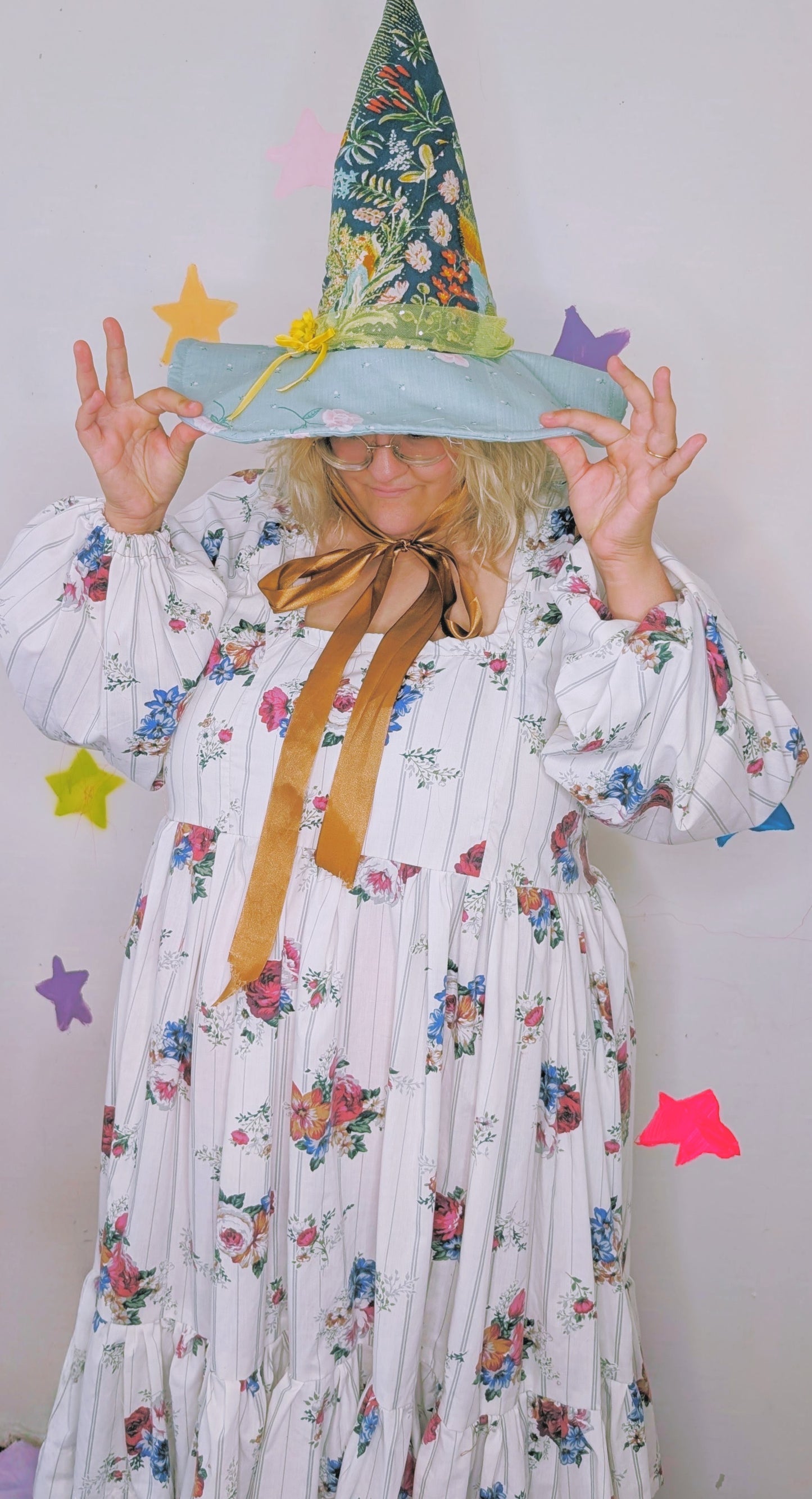 OOAK ADULT witch hat- blue floral